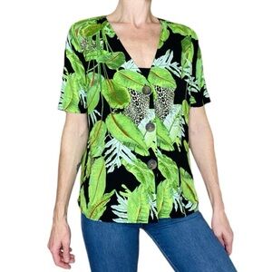 Sioni Green Tropical Plant Printed Button Down Shirt
